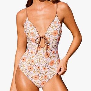CHYRII One Piece Swimsuit Womens SMALL Sexy V Neck Plunge Scalloped Bathing Suit